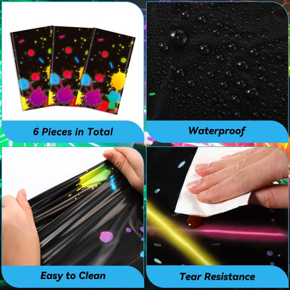 VitalCozy 6 Pcs 80s Neon Table Cloths for Parties Glow in The Dark Tablecloths 54 x 108 Inch Plastic Glow Party Table Covers for Halloween Birthday Black Light Party Supplies Decorations