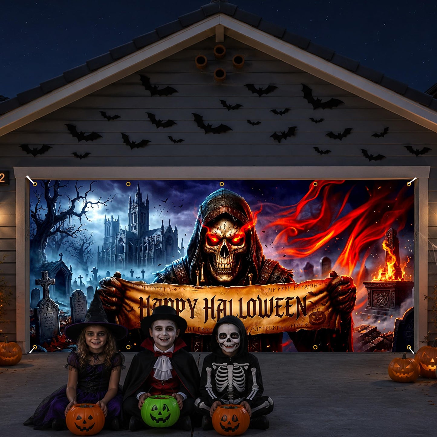 Halloween Garage Door Banner 13x6 FT Outdoor Decoration, Large Spooky Yard Decor Backdrop, Weatherproof Easy Install for Halloween Party (Funny Witch Cat Door Scene, 6 x 13 ft)