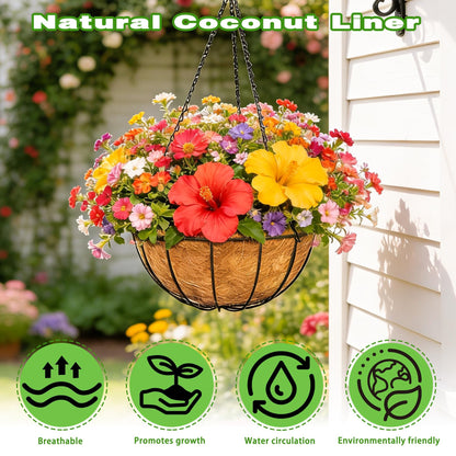 ZVOWOS 2 Pack 12 Inch Black Metal Hanging Basket Hanging Planter with Coco Coir Liner Heavy Duty Hanging Flower Pot Holder for Indoor Outdoor Patio Garden Porch Balcony Decor (Watermelon)