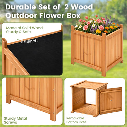 Ultym Set of 2 Wooden Planter Boxes Outdoor, 16.1" Square Fir Wood Flower Planters with Liner, Drainage Holes & Removable Bottom Board, Natural Wood Outdoor Bucket Planter for Patio Porch Yard Garden