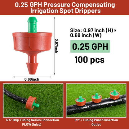 100 PCS 0.25 GPH Pressure Compensating Drip Irrigation Spot Watering Drippers/Emitters, Anti-Clog Self-Cleaning Drip Irrigation Emitters Heads Irrigation Drippers Parts for Seedlings, Mini Gardens