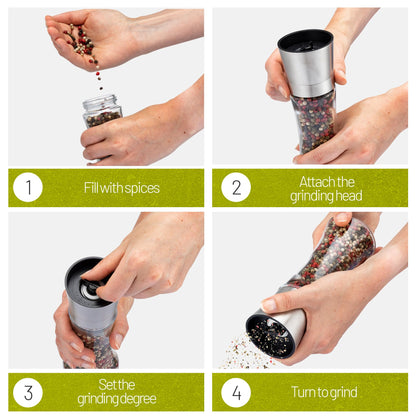 ZOLMER® Premium Stainless Steel Salt and Pepper Grinder Set manual | Adjustable Ceramic Grinder for Salt and Pepper, Chili and more - Big Silver [No Spices Included]