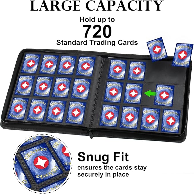 GEAoffice 12 Pocket Card Binder for 720 Cards, Premium PU Zipper Trading Card Collection Binder, Side Loading Card Album Folder for YuGiOh, MTG, TCG, Game & Sports, Non-PVC, Carbon Black