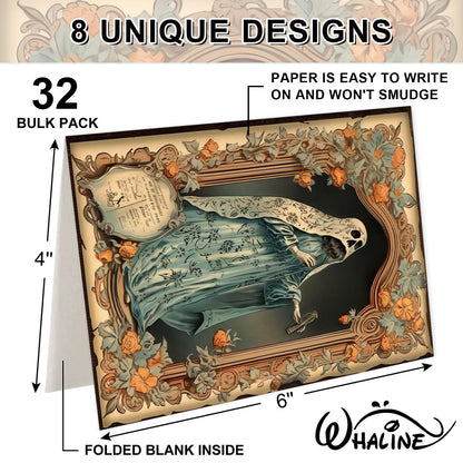 Whaline 32 Pack Halloween Greeting Cards with Stickers Envelopes Vintage Pumpkin Black Cat Skull Blank Note Cards for Trick or Treat Invitation, 4 x 6 Inch