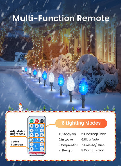 Minetom Solar Double C9 Christmas Pathway Lights, 10 LED, 16FT, Timer, 8 Modes, Strawberry-Blue & Pure White