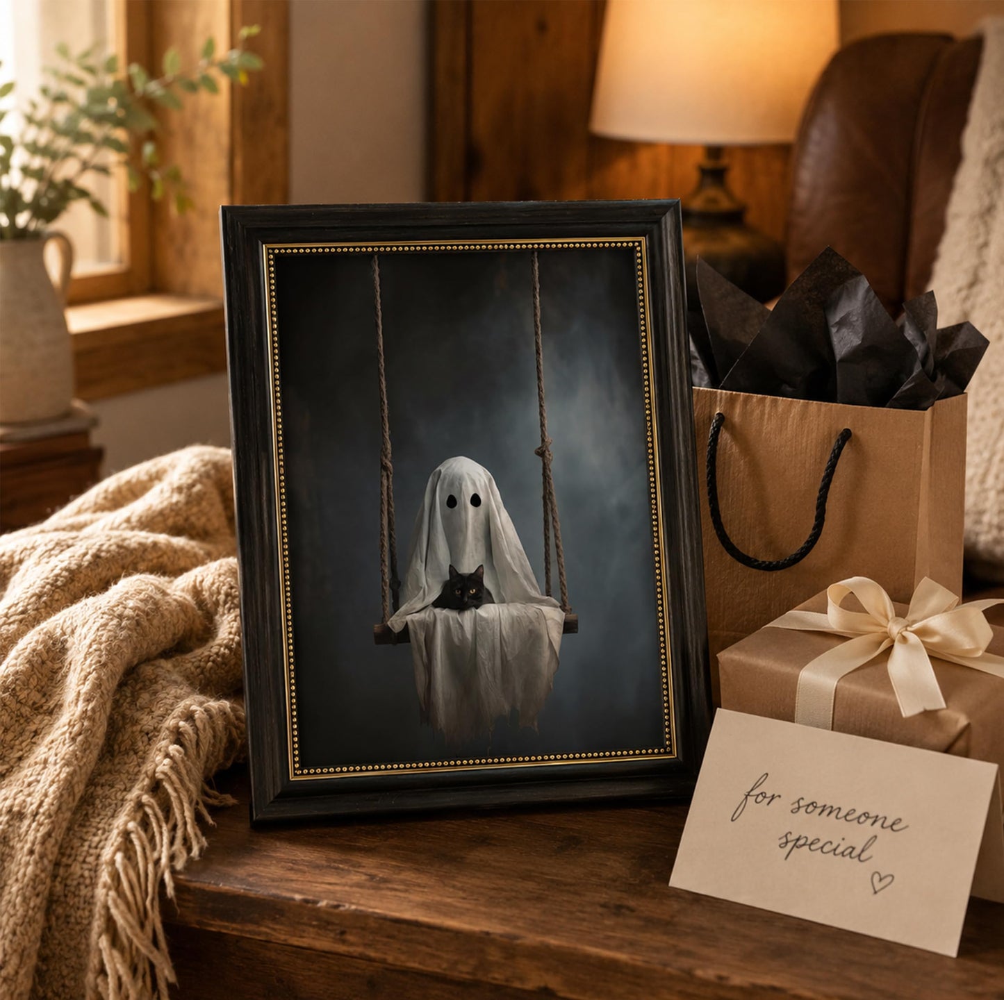 Vbaourut Framed Halloween Black Cat Wall Art, Moody Ghost on Swing Canvas Painting, Spooky Feline Poster with Dark Brown Frame and Upgraded Hook and Loop for bedroom，Study, 9x11 in