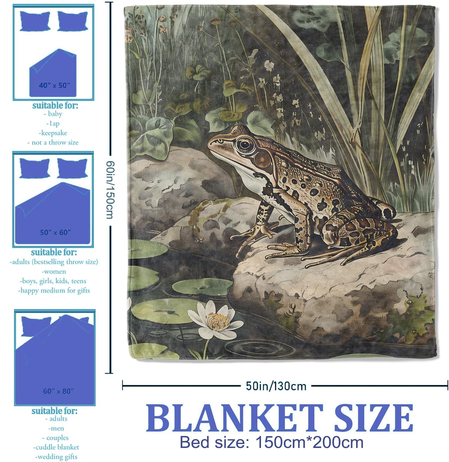 Plistiz Frog Pattern Throw Blanket 50"x60", Frog Blankets for Bedroom Decor, Cozy Flannel Polyester Frog Gifts for Women Nature Lovers