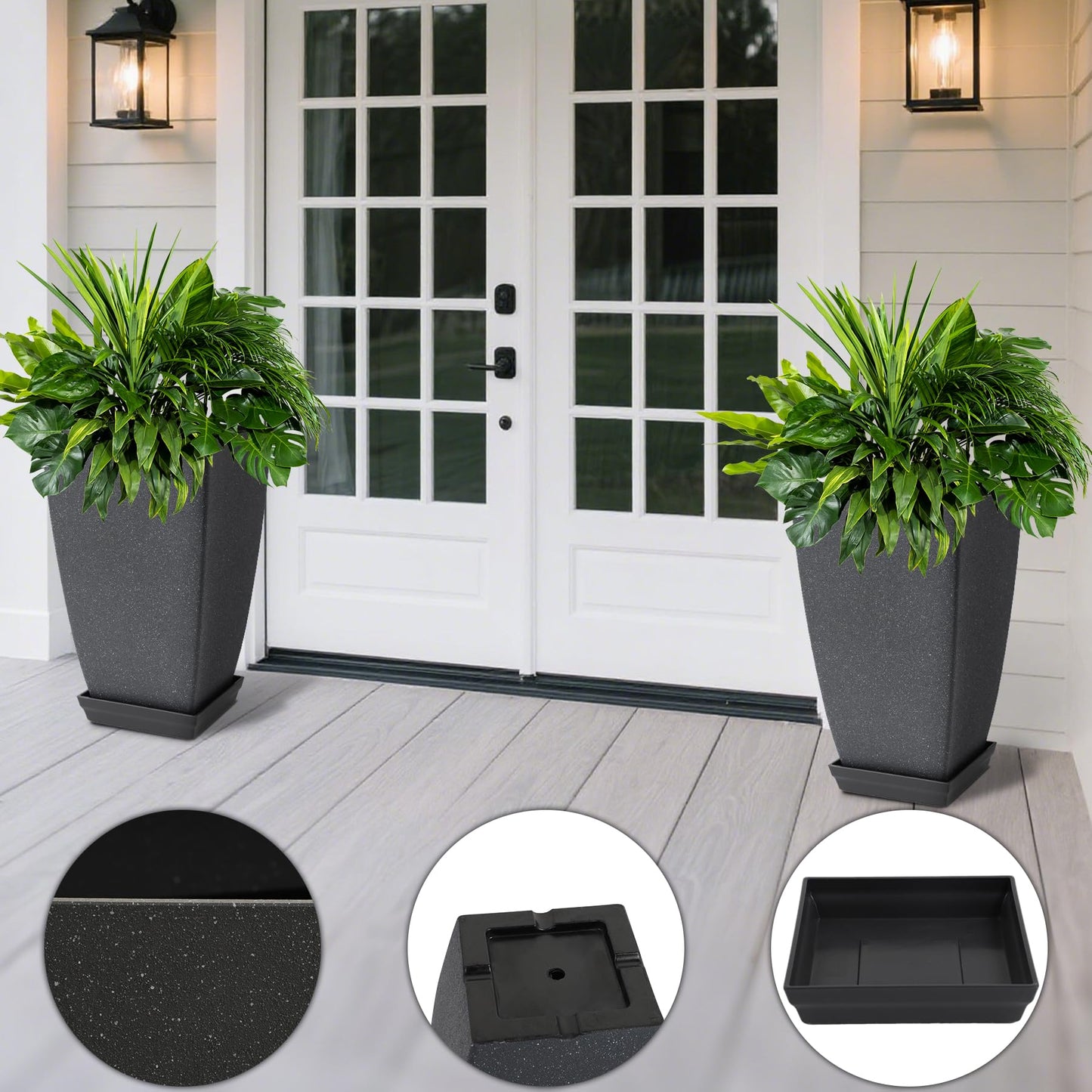 Neoaider Set of 2 Lightweight Ceramic-Look Tall Planter, 21 inch Large Plastic Planter with Drain Hole & Saucers, Large Outdoor Planters for Porch, Garden, Patio, Balcony(Dark Green)