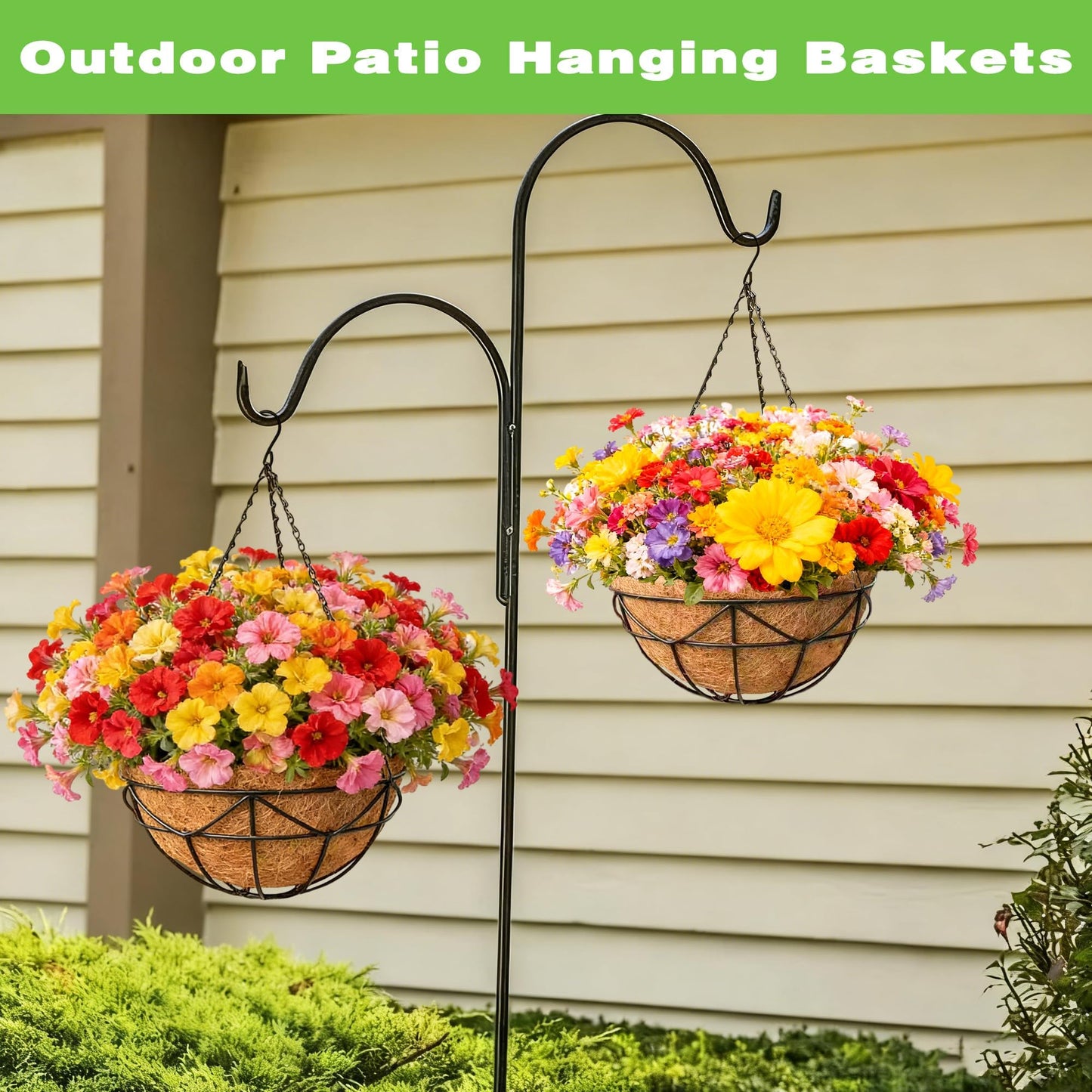 ZVOWOS 2 Pack 12 Inch Black Metal Hanging Basket Hanging Planter with Coco Coir Liner Heavy Duty Hanging Flower Pot Holder for Indoor Outdoor Patio Garden Porch Balcony Decor (Geometric)