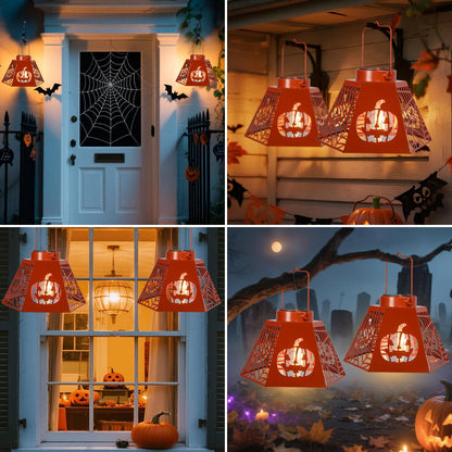 WONDER GARDEN Halloween Lantern Lights, 2 Pack Solar Hanging Pumpkin Lights, Metal Decorative Light for Outdoor Porch Yard Garden Tree Decor