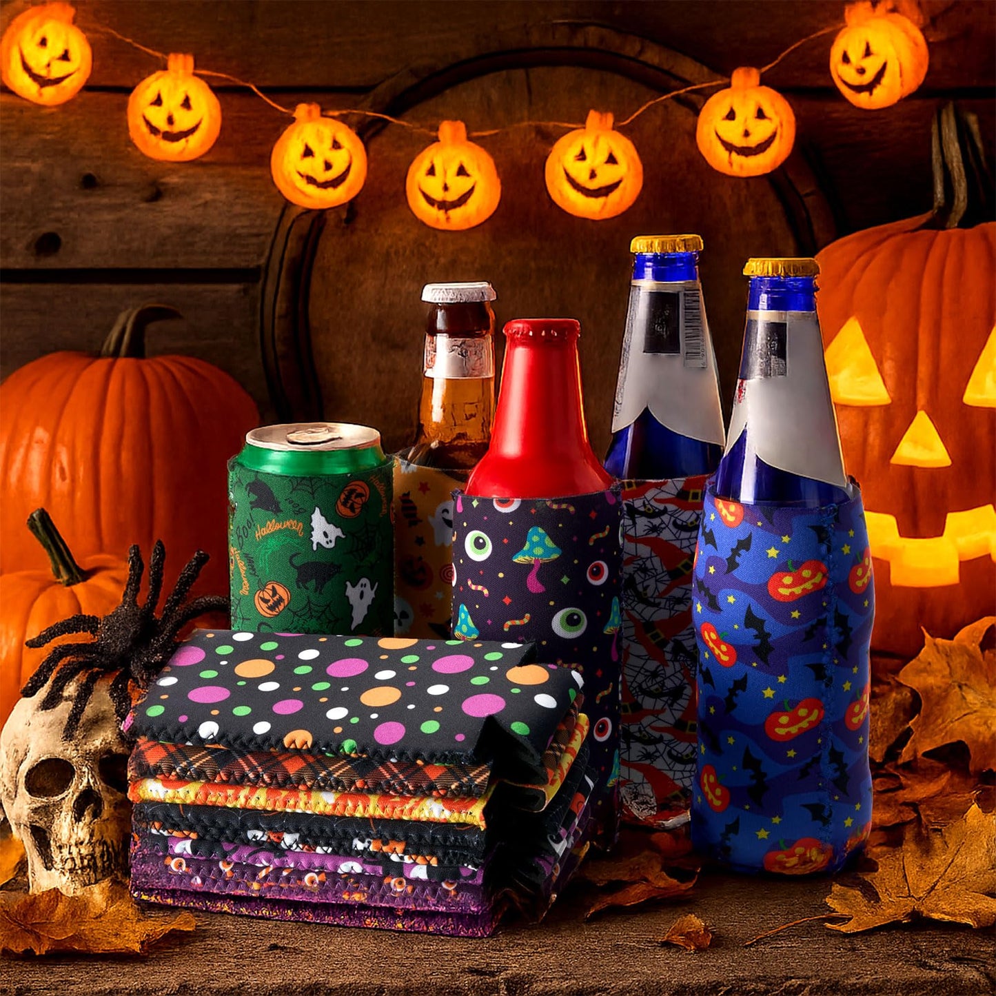Mimorou 16 Pcs Halloween Can Coolers Sleeves 12oz Xmas Skinny Can Cooler Sleeves Reusable Neoprene Slim Beer Insulator for Halloween Party Favors Decoration Gifts Supplies (Spider)
