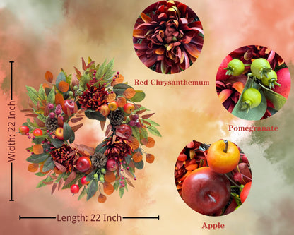 Svndlyn 22 Inch Fall Chrysanthemum Wreath Harvest Floral Wreath with Apples Pinecones Berries and Eucalyptus Maple Leaves for Fall Thanksgiving Halloween Mantel Table Outdoor Front Door Wall Window