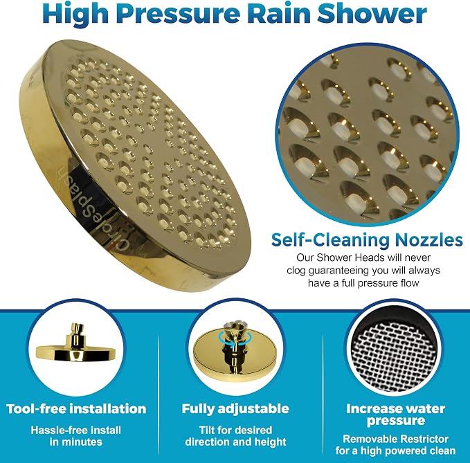 High Pressure Shower Head - Anti-Clogging Silicone Nozzles 2.5 GPM Removable Restrictor - Easy to Clean and Install - Includes Plumbers Tape - 6 inch - (Gold Finish 2.5GPM)