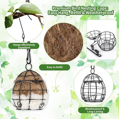 2Pcs Bird Nesting Material Holders with Natural Mixing Cotton Materia for Wild Birds Nesting Station, Refillable Hummingbird Nesting Material Cage Holder for Bird Lover Hummingbird House Material