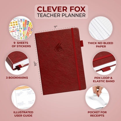 Clever Fox Teacher Planner – School Year Planner with Calendars & Lesson Plans – Teacher Plan Book for Classroom & Homeschool Organization - Undated, 7x10″, Hardcover (Wine Red)
