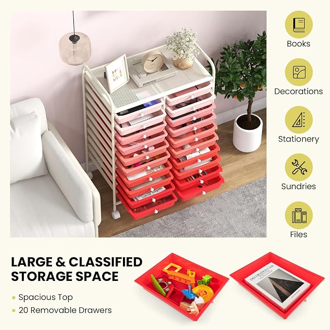 COSTWAY 20-Drawer Rolling Storage Cart, Utility Storage Organizer Cart for Tools, Scrapbook, Paper, Craft, Multipurpose Storage Trolley on Wheels for Home Office School, Mixed Pink