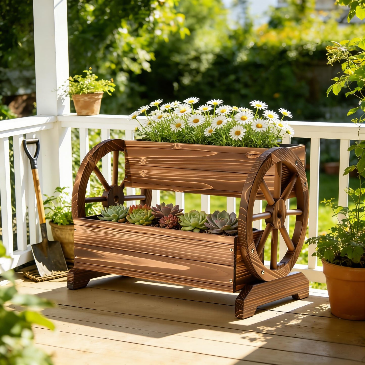 Ultym Wooden Wagon Planter Box, Extra Large 2-Tier Decorative Flower Cart with Wheels, Rustic Wood Planter with Drainage Holes & Non-Woven Liner, Raised Garden Bed for Flowers Herbs Vegetables