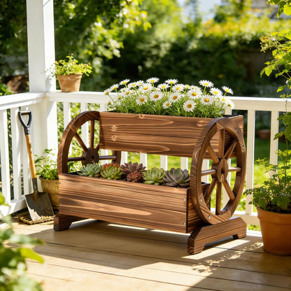 Ultym Wooden Wagon Planter Box, Extra Large 2-Tier Decorative Flower Cart with Wheels, Rustic Wood Planter with Drainage Holes & Non-Woven Liner, Raised Garden Bed for Flowers Herbs Vegetables