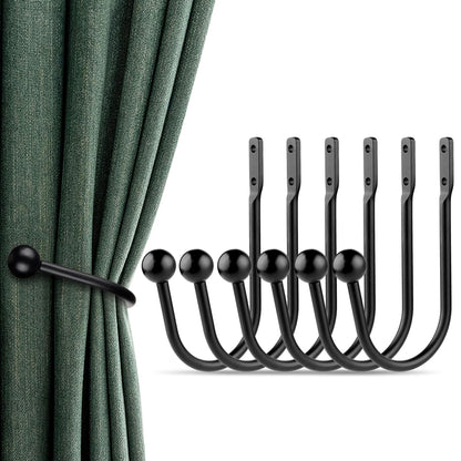 Curtain Holdbacks, 6pcs Curtains Holder Wall Mounted Drapery Tiebacks Retro Window Hook for Home Decor, Matte Black