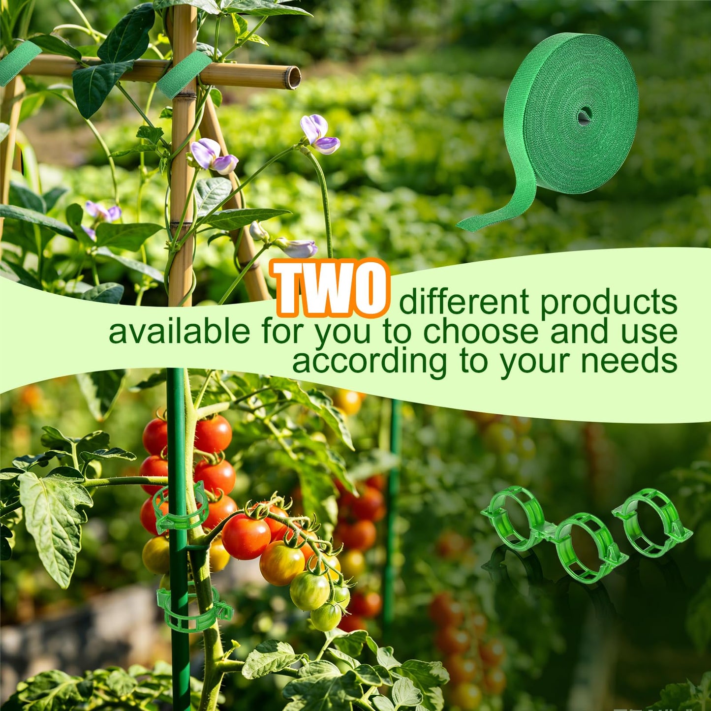 owandan 200Pcs Secured Plant Support Clips with Plant Ties 20mm 33ft - Tomato Clips Garden Tape Strap for Garden Netting Climbing Plants, Fixing Stem and Vine (Green)