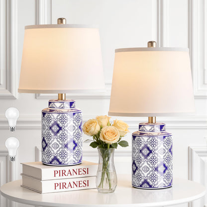 Qimh Chinoiserie Ceramic Table Lamps for Living Room, Small Bedside Lamps Set of 2 with Linen Lampshade, Modern Traditional Blue and White Lamp for Bedroom Office Nightstand Home Decor(Bulbs Included)