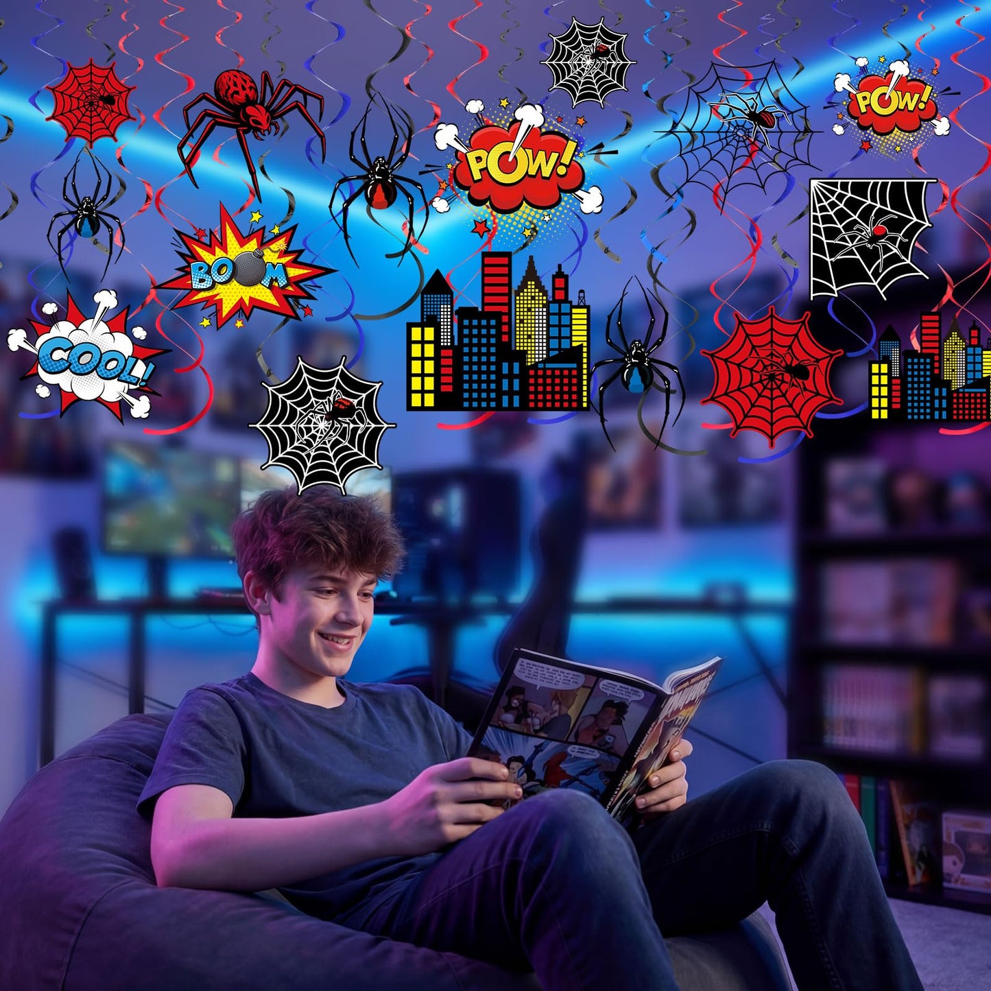 Geyoga 54 Pcs Spider Party Hanging Decor Spider Birthday Hanging Swirl Cityscape Decoration Swirls Hero Decor for Hero Birthday Party Supplies Decoration