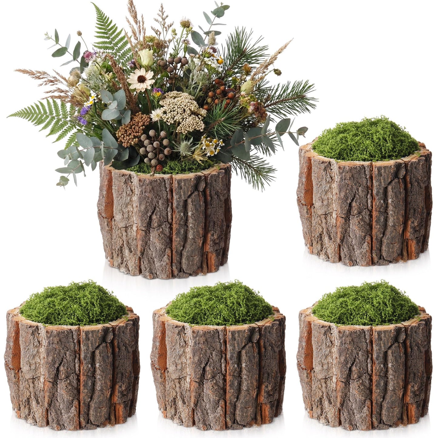 RimCereal 4 Set Wooden Vase for Centerpieces Wedding Flower Table Centerpieces Decor Rustic Bark Stump Bucket Farmhouse Wood Planter Pot for Woodland Party Window Home (Fake Green Moss,Large)