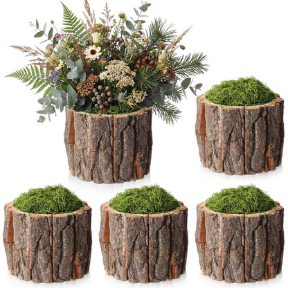 RimCereal 4 Set Wooden Vase for Centerpieces Wedding Flower Table Centerpieces Decor Rustic Bark Stump Bucket Farmhouse Wood Planter Pot for Woodland Party Window Home (Fake Green Moss,Large)