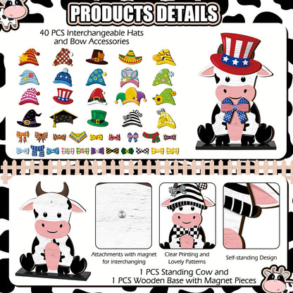 Anglechic 42 Pcs Summer Lemon Interchangeable Cow Figurine Farmhouse Holiday Cow Office Decor Wooden Seasonal Sign Desk Accessories Tier Tray Home Decoration Welcome Ornament Gifts