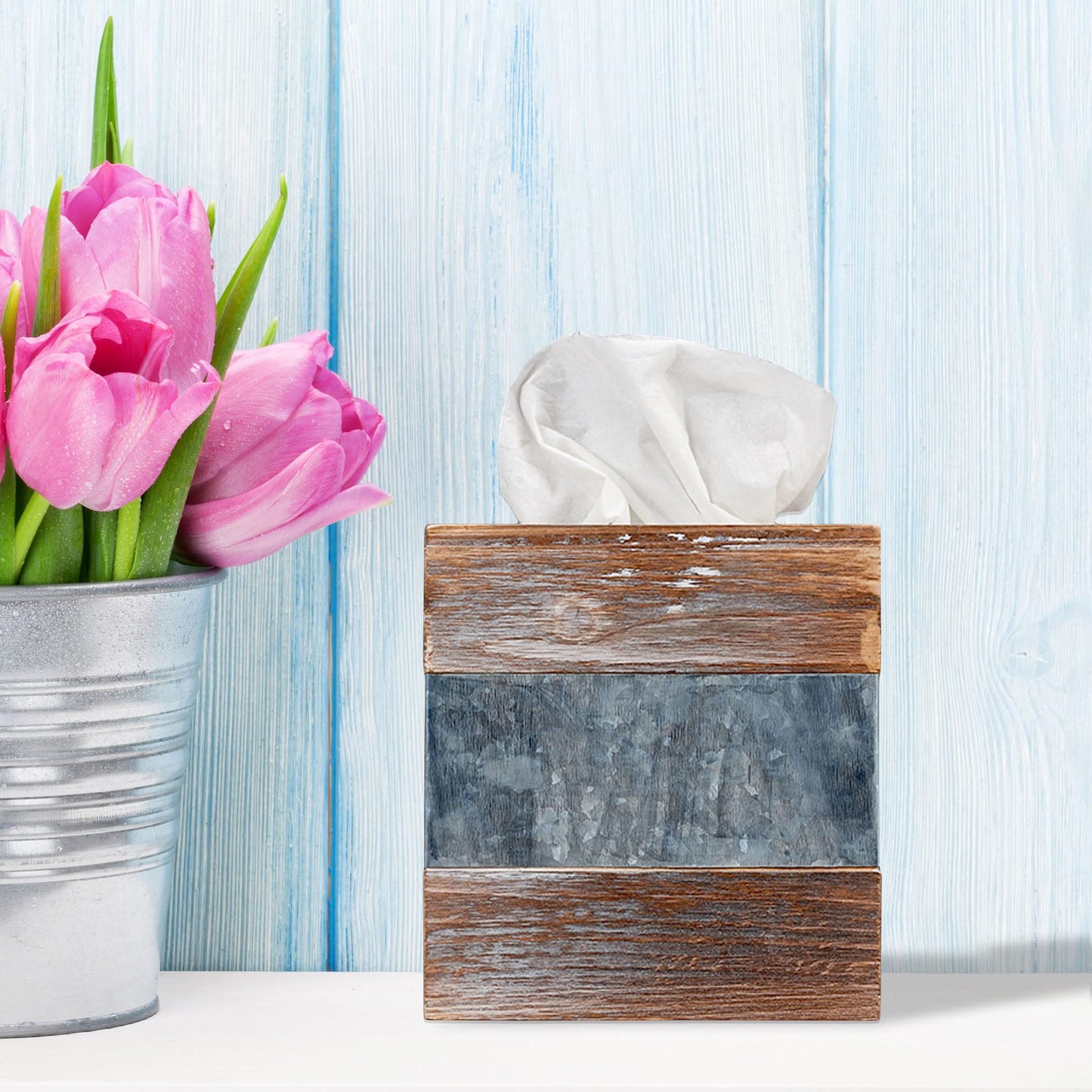 Barnyard Designs Rustic Metal and Distressed Wood Square Tissue Box Cover - Decorative Bathroom Facial Tissue Box Holder Farmhouse Country Decor 6” x 6”