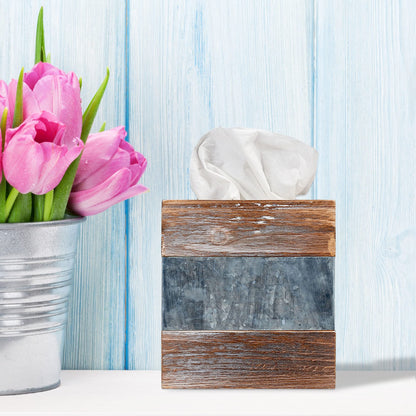 Barnyard Designs Rustic Metal and Distressed Wood Square Tissue Box Cover - Decorative Bathroom Facial Tissue Box Holder Farmhouse Country Decor 6” x 6”
