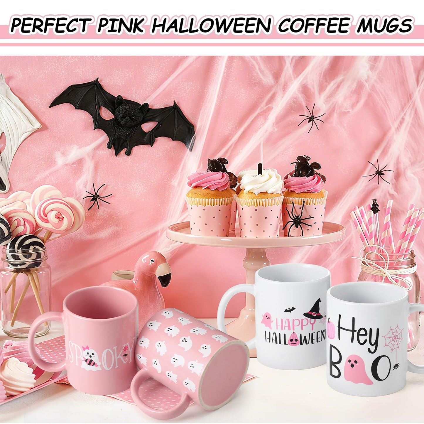 Didaey 6 Pcs Pink Halloween Mugs Cute Ghost Coffee Mug 12 oz Pink Ghostface Ceramic Cup for Girly Halloween Birthday Gifts
