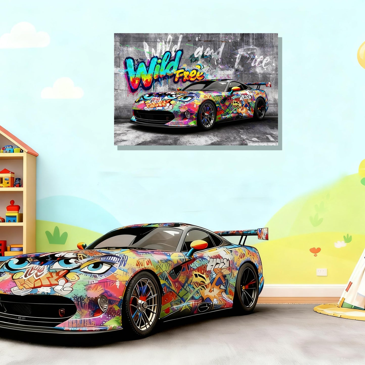 16x24 Modern Graffiti Sports Racing Car Canvas Wall Art Framed Urban Street Galley Oil Painting Gray Picture Teen Boys Pop Funny Home Decor Kids Bedroom Posters Men Office Living Room Cool Prints