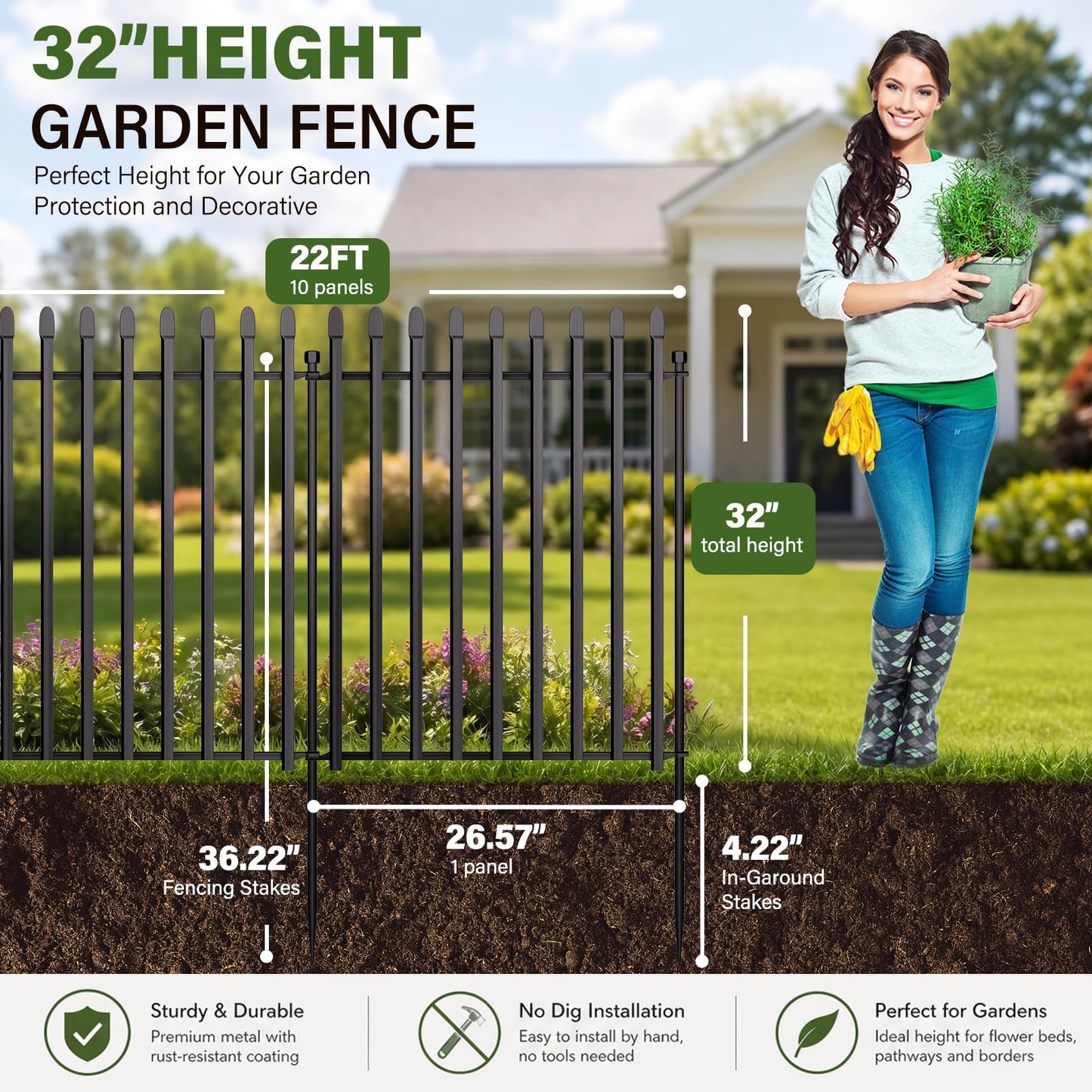 10 Panels No Dig Decorative Garden Fence, 32in(H)×22ft(L) Heavy-Duty Rustproof Metal Panels, Outdoor Dog Barrier for Yard & Patio, Landscape, Border| Portable Temporary Fencing