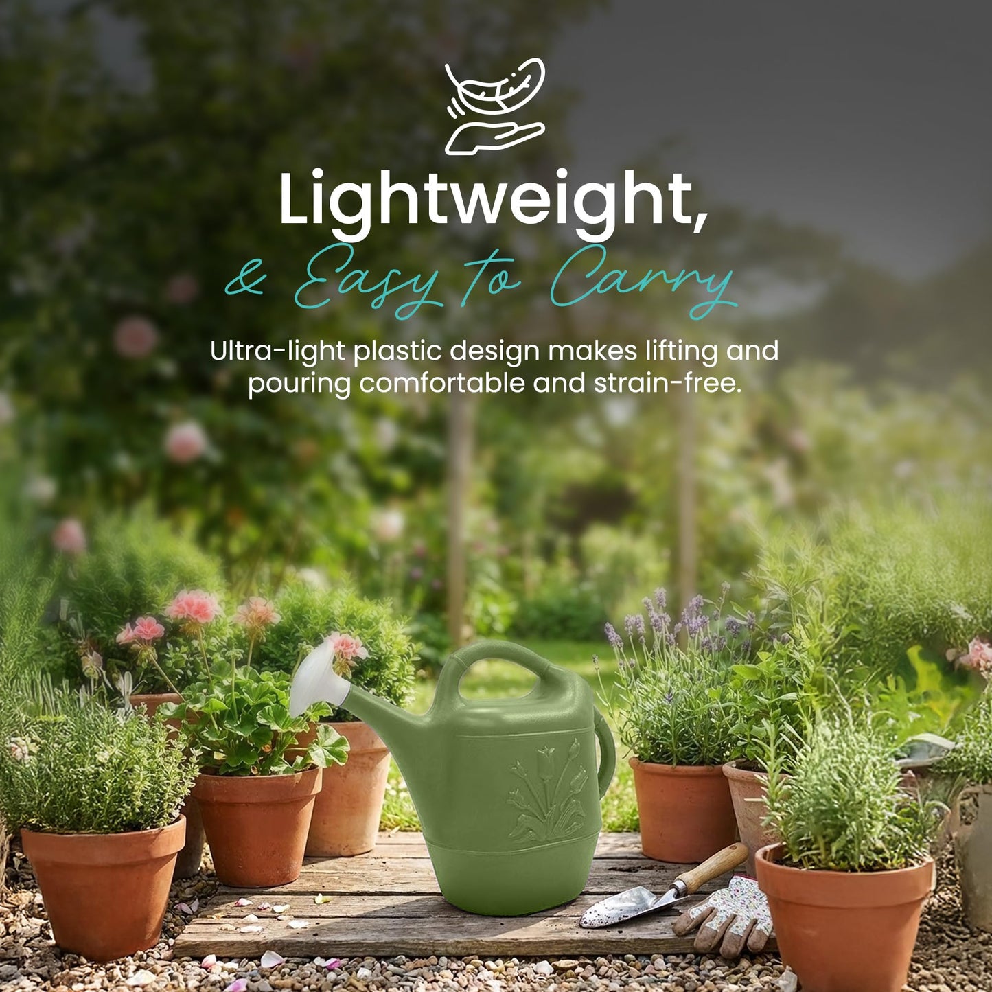 Union Products 63068 2 Gallon Plastic Indoor/Outdoor Watering Can w/ Tulip Design for Garden, Potted Plants, & Patio Pots, Sage Green