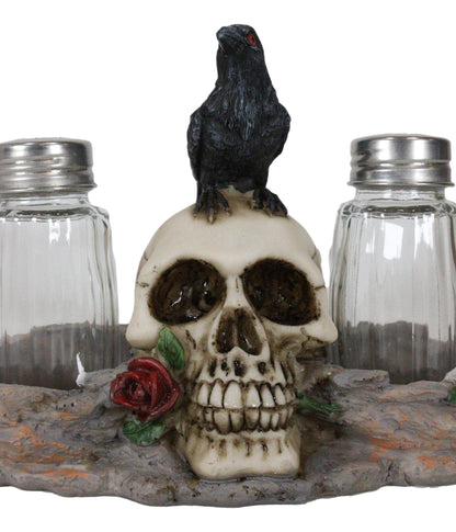 Ebros Day Of The Dead Raven Crow With Rose Skull Salt And Pepper Shakers Holder Figurine Set 6.25"L Halloween Graveyard Spooky Macabre Skulls Skeletons