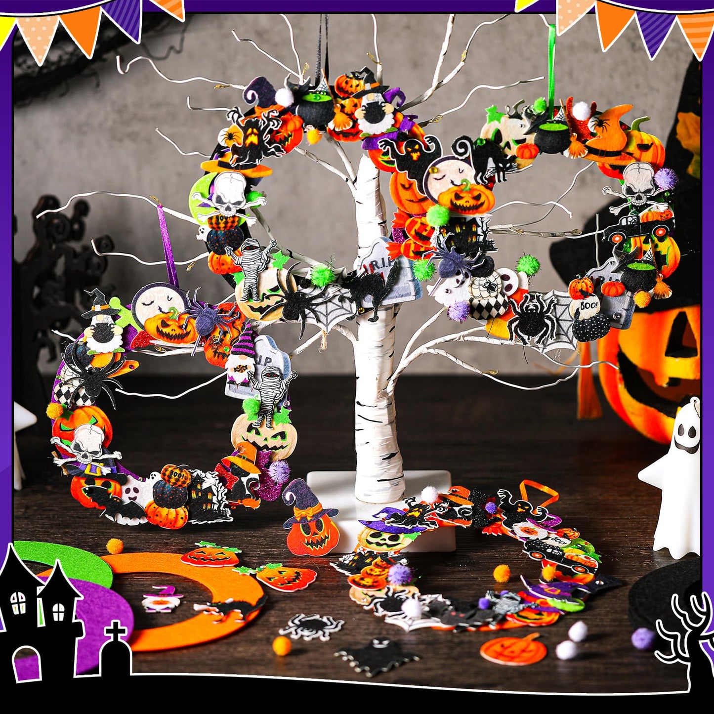 Moucuny 470 Pcs Halloween Craft Kits DIY Wreath Craft Kit Halloween Wreath Decorations with Ghost Witch Bats Pumpkin Cat Stickers Home Indoor Party Favors