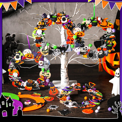 Moucuny 470 Pcs Halloween Craft Kits DIY Wreath Craft Kit Halloween Wreath Decorations with Ghost Witch Bats Pumpkin Cat Stickers Home Indoor Party Favors