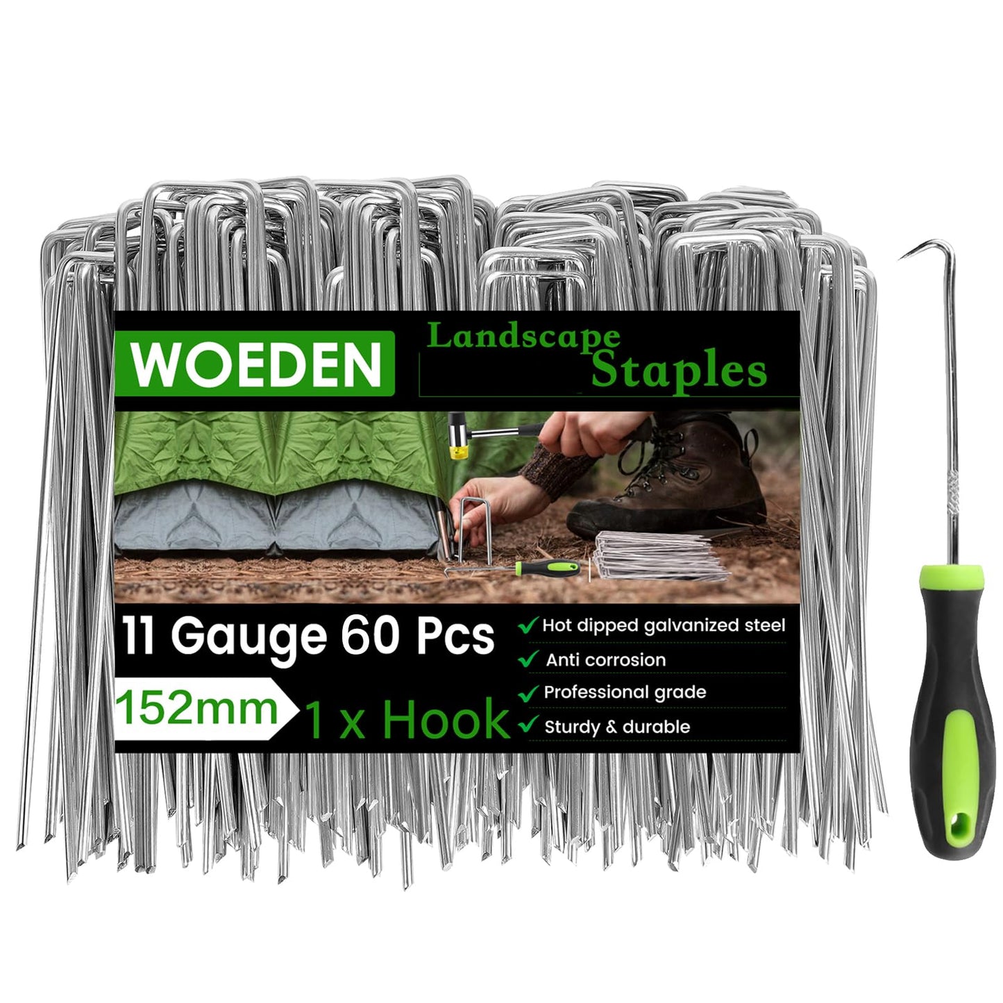 60 Pack 6 Inch Landscape Staples + 1 Hook 11 Gauge Heavy Duty Galvanized Garden Stakes, U-Shaped Ground Pins for Weed Barrier Fabric, Drip Irrigation Tubing, Sod, Lawn & Christmas Outdoor Decorations
