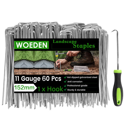 60 Pack 6 Inch Landscape Staples + 1 Hook 11 Gauge Heavy Duty Galvanized Garden Stakes, U-Shaped Ground Pins for Weed Barrier Fabric, Drip Irrigation Tubing, Sod, Lawn & Christmas Outdoor Decorations