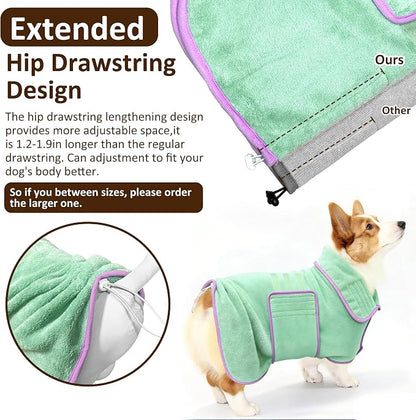 Soft Dog Bathrobe Fast Drying Dog Coat, Super Absorbent Dog Towels for After Bath, Microfiber Pet Robe Adjustable Collar & Belly Warm Keeping Dogs Coat for Pet Dogs & Cats (Green, XX-Large)