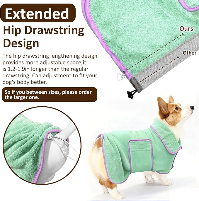 Soft Dog Bathrobe Fast Drying Dog Coat, Super Absorbent Dog Towels for After Bath, Microfiber Pet Robe Adjustable Collar & Belly Warm Keeping Dogs Coat for Pet Dogs & Cats (Green, Small)