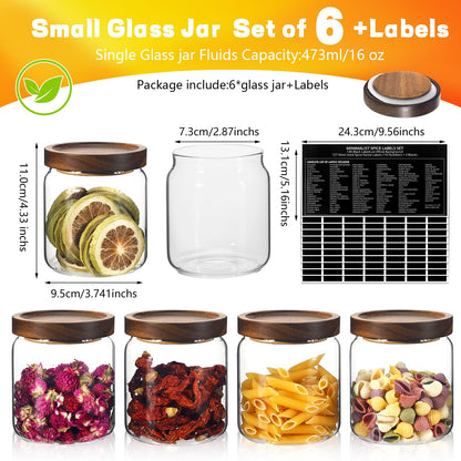 Glass Spice Jars Seasoning Containers Small Glass Jars with Lids Airtight Food Storage Canister for Kitchen Pantry Sugar Tea Coffee Bean Nuts Cookies Herbs Salt (16oz/473ml*6 pack)