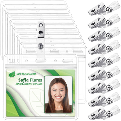 EcoEarth - Horizontal PVC Card Protector with Metal Clips and Vinyl Straps with Soft Edge - Sealable Fits 4x3 inch Inserts - Clear, 100 Pack - Waterproof ID Holder Bulk - ID Card Holder