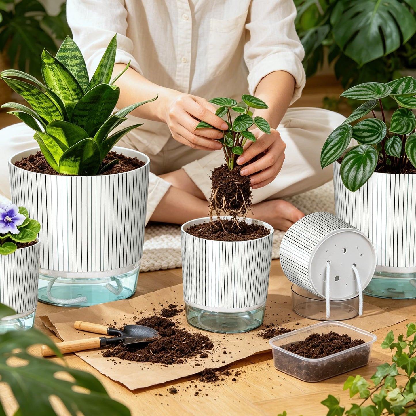 Samhe 6 Pack Self Watering Pots for Indoor Plants, 4+5.5+6.3 Inch Self Watering Plant Pots Set, Flower Pots with Wick Rope and Reservoir for African Violet, Spider Plant, Orchid