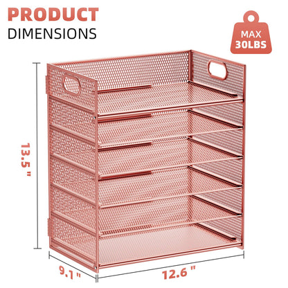 Marbrasse 6 Tier Paper Organizer Letter Tray - Mesh Desk File Organizer with Handle, Paper Sorter Organizer for Letter/A4 Office File Folder Holder - Rose Gold