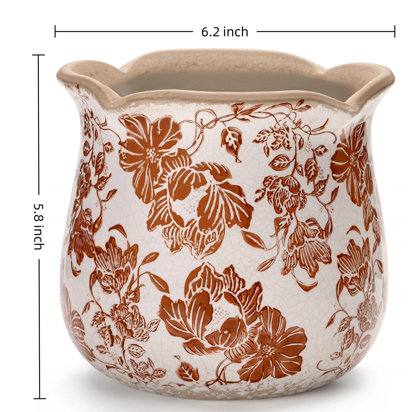 behen bahen Vintage Ceramic Planter Pot with Drainage Holes, Green Floral Design, 6.11 Inch, Distressed Tuscan Style, Indoor Plant Pot and Vase (Red Flower)