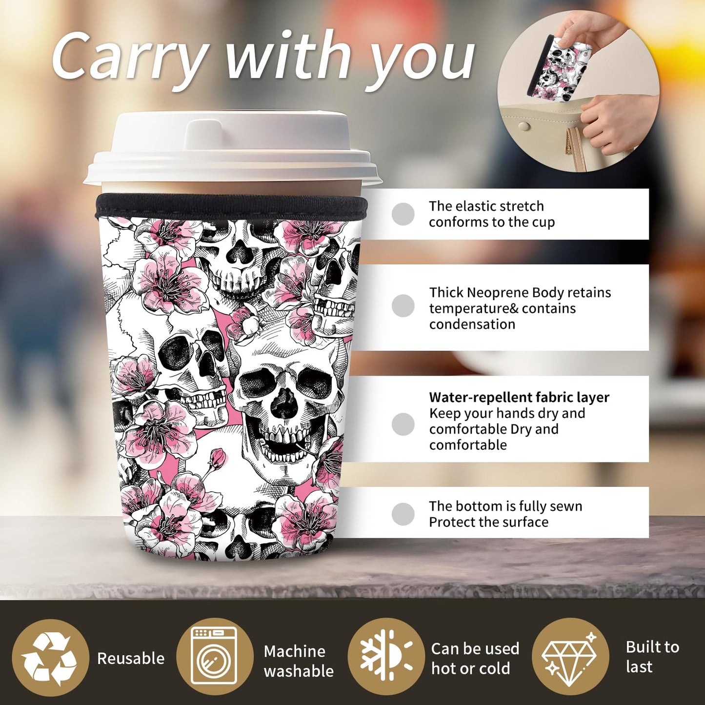 AMZXCFGL 3 Pack Reusable Neoprene Insulator Sleeve for Iced Coffee Cups, Cute Funny Coffee Cup Sleeve, Universal Fit 16-32oz Cups for Hot Cold Beverages Cute Floral Skull