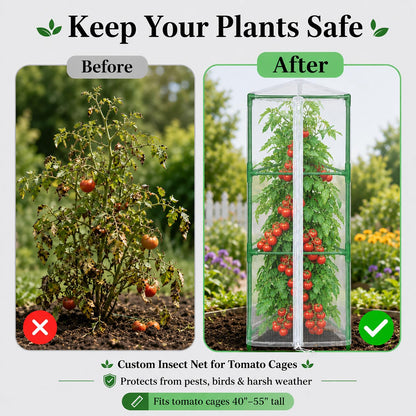 Halatool Garden Tomato Plant Cover Netting, Fits 40–55" Tall Square Tomato Cages, Garden Bird Netting with Zipper & Drawstring, Insect Barrier, Plant Covers from Insects Animals, 4 Pack, 45"×15.7"