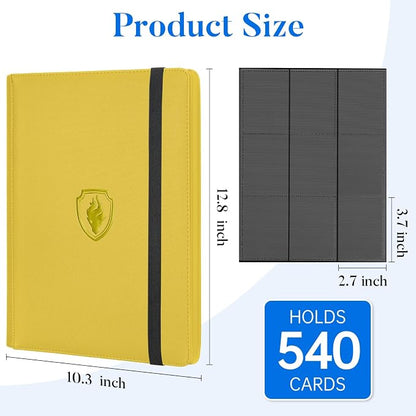 Premium 9 Pocket Card Binder for 540 Cards, Fabmaker PU Cover Trading Card Binder, Sturdy Card Collection Album, Sleek Card Holder Folders for Game Cards & Sports Cards, Yellow